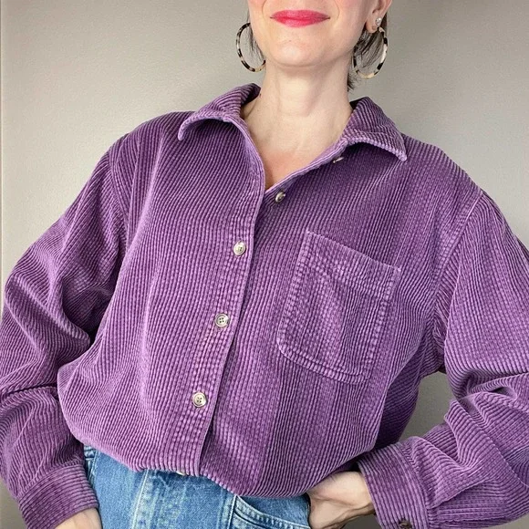 LL Bean wide wale corduroy aubergine purple button-down collared shirt L - Picture 17 of 17